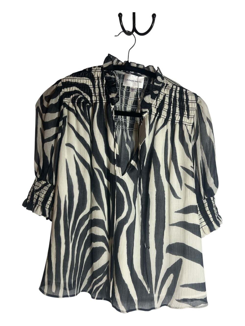 Lavender Brown Zebra Print Smocked V-Neck Blouse with Gathered Sleeves